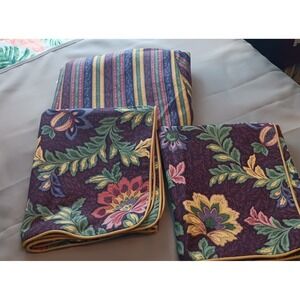 NWOT Floral stripe King Bed Skirt 2 Pillow Shams 3pc Set Bold Purple Gold